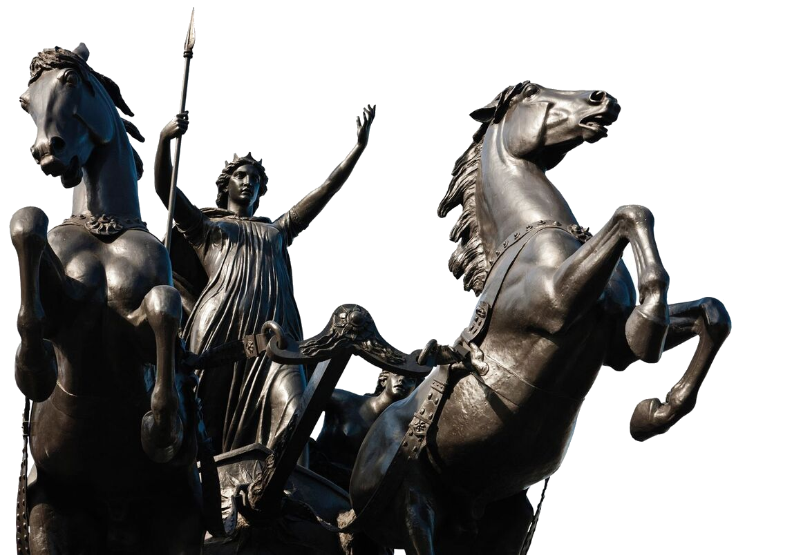 Boudicae and Her Daughters, a bronze sculptural group by artist Thomas Thornycroft and located in London, depicts Boudica and her daughters riding into war on a scythed chariot drawn by two rearing horses.